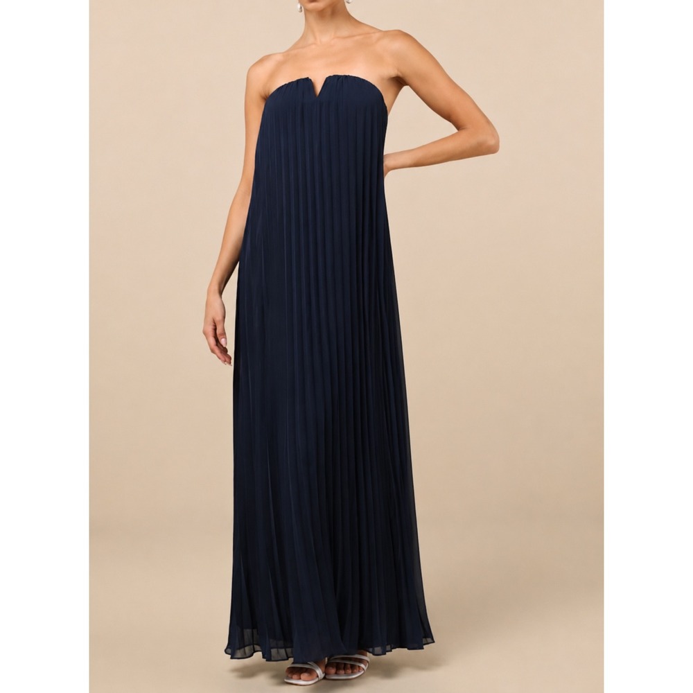 Lulus Lael Navy Blue Pleated Strapless Maxi Dress Size L NWT